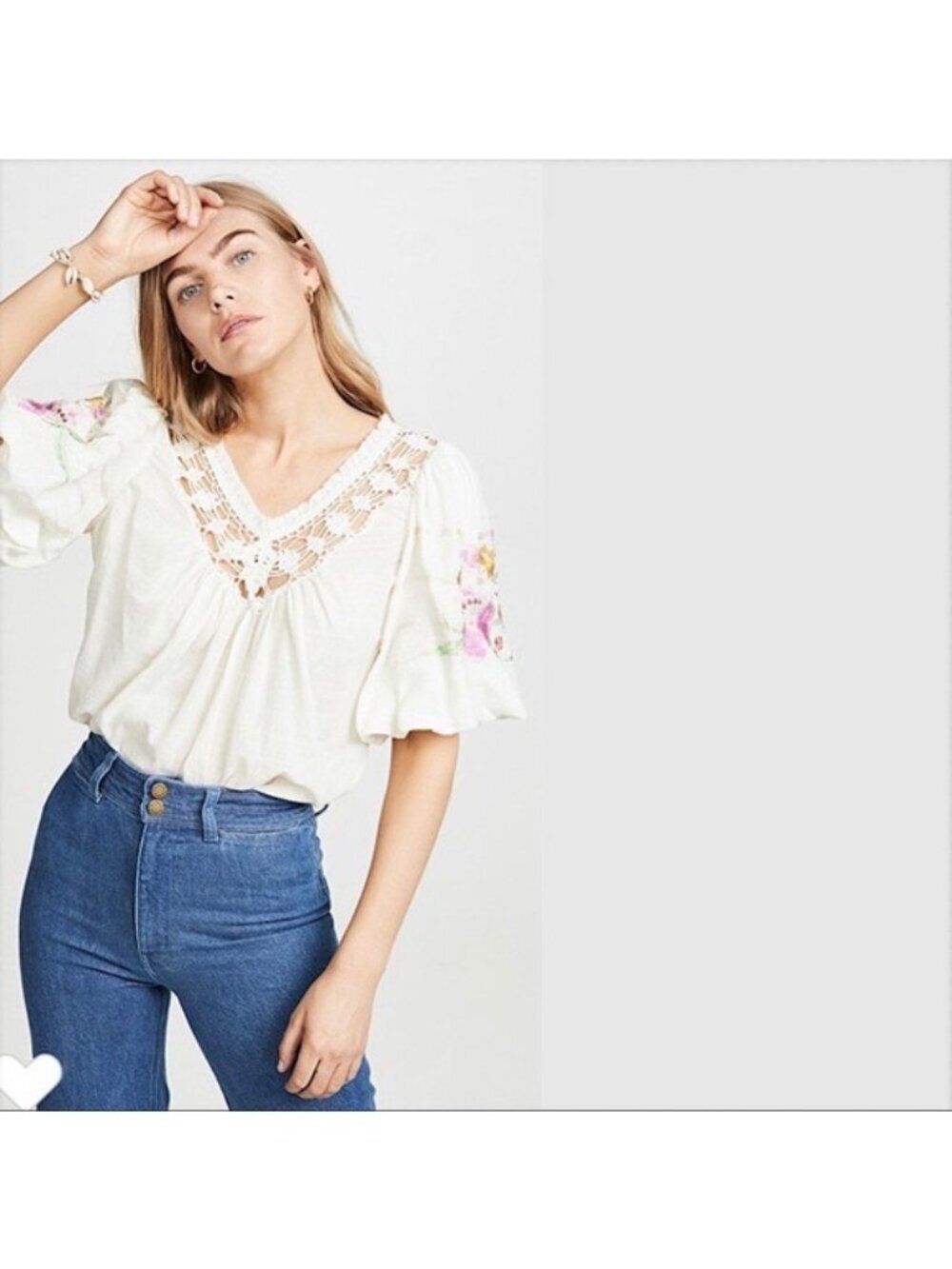 Free People Bohemia Gauzy Floral Embroidered Cottage Core Peasant Top